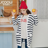 jcoolstory韩国2016春装新款口袋条纹宽松长款长袖毛衣开衫女