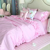 新款粉色全棉可爱公主风格女孩床上用品床裙款四件套 粉色荷叶边