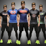 健身服套装男短袖三件套 跑步训练裤超人蝙蝠侠运动透气紧身衣套