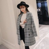2015冬季新款韩版格纹夹棉加厚中长款时尚大衣女双排扣毛呢外套