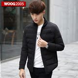 WOOG2005韩版男装轻薄棉衣男 2015冬装时尚青年修身蓝色棉袄外套