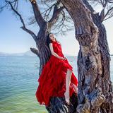 夏季新款优雅文艺复古雪纺连衣裙森女气质红色长裙度假海边沙滩裙