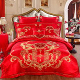 婚庆刺绣大红四件套六十多龙凤被套床单欧式贡缎提花结婚床上用品