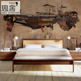 思舍复古创意壁纸个性定制背景墙纸大型无缝壁画手绘插画机械飞船