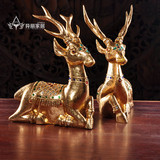 泰国家居装饰品 实木雕刻情侣招财鹿摆件 奢华金色对鹿电视柜摆件