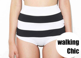walkingChic独家泰国正品代购复古赫本经典黑白条纹横条高腰泳裤