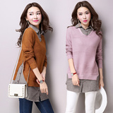 2016春季新款韩版女士上衣假两件套头毛衣大码宽松外穿打底针织衫