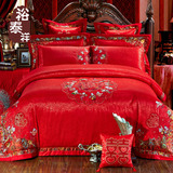 上用品婚庆床品四六十件套大红色贡缎提花新婚套件裕泰祥结婚床