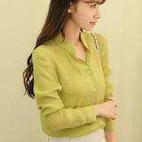 彩黛妃2016夏季新款韩版时尚气质纯色淑女长袖休闲舒适女士衬衫