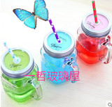 韩版日式zakka创意梅森瓶杯手柄玻璃杯带盖杯子果汁饮料吸管水杯
