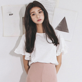 2016夏季新款韩国宽松百搭纯色圆领喇叭袖T恤短袖女上衣打底衫