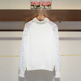 恩曼琳2015秋新款正品代购钉珠蕾丝袖时尚拼接针织衫H3464130