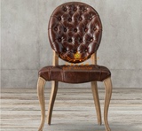 美式法式复古实木牛皮拉扣餐椅休闲椅洽谈椅书桌椅新古典餐厅椅子