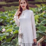 中国风女装 秋装手绘印花民族风长款长袖女衬衣 文艺复古长袍衬衫