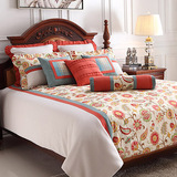 美式棉麻印花红色米黄样板房床品十件套田园简约风家纺软装含芯