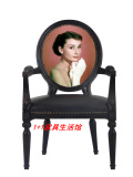 新古典实木单人椅美式乡村雕花餐椅印花靠背书椅化妆椅设计师家具