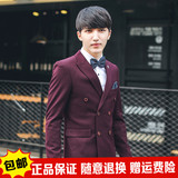 冬季西装男双排扣条纹正装套装韩版修身青年男士西服套装结婚礼服
