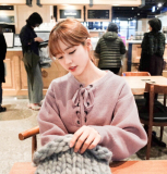 韩国2016秋装新款 简单美好 羊毛混纺加厚舒适胸前交叉绑带毛衣