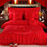 婚庆纯棉四件套蕾丝边天丝贡缎大红色多件套提花韩式床裙床单被套