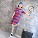 欧洲站2016夏装新款欧版红蓝条接拼时尚洋气带帽冰丝短袖连衣裙潮