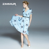 ZIMMUR2016夏装新款女装V领短袖中腰欧美时尚印花长裙连衣裙夏