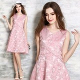 夏季女装2016欧洲站新款粉色优雅a字裙修身V领提花无袖连衣裙中裙