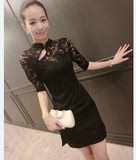大码女装韩版新品性感修身旗袍式立领包臀长袖中长款连衣裙