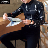 OBO夏季韩版时尚潮流花衬衫男士帅气寸衫青年休闲修身型长袖衬衣