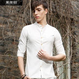 黑择明春季新款薄款韩版修身男士七分袖衬衫型男潮流中袖纯色衬衣