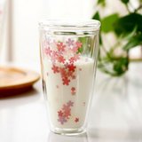 创意樱花玻璃杯 可爱透明杯子 双层耐热办公水杯茶杯 牛奶杯带盖