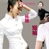 新款女装韩版短袖长袖衬衣修身显瘦黑白打底纯棉短款松紧收腰衬衫