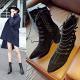 2016秋季新款羊皮短靴舒适粗跟尖头系带马丁靴大牌铆钉黑色女靴