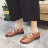 2016韩版低跟夏季尖头粗跟系带镂空雕花布洛克英伦风小皮鞋女鞋潮