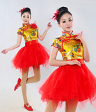表演服装女纱短裙中国风成人旗袍演出服舞台装龙袍蓬蓬裙新款打鼓