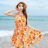 沙滩裙度假裙波西米亚短裙夏季新款雪纺无袖修身显瘦连衣裙碎花裙