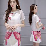 2016春装新款韩版蝴蝶刺绣套装连衣裙女时尚雪纺衬衫两件套小香风
