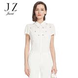 JUZUI/玖姿2016官方旗舰店女夏装新修身白色百搭串珠短袖衬衫