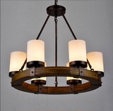 设计师美式乡村烛台别墅客厅创意圆形复古做旧木头木艺吊灯