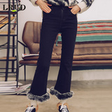 LRUD2015秋冬新款韩版高腰加绒微喇牛仔裤女弹力毛毛九分喇叭裤