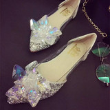 婚鞋新品灰姑娘的水晶鞋BILNG透明闪光亮片真彩水钻尖头平底单鞋