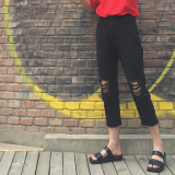 韩国夏装港版设计复古百搭黑色破洞牛仔裤女 学生九分裤七分9分裤