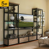 美式简约实木铁艺复古电视柜落地式电视柜带抽屉多层置物架柜组合