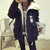 秋冬韩版学院风字母贴布工装大口袋仿羊羔毛夹棉插肩袖保暖外套女