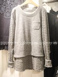 韩国代购冬装韩版时尚镂空蕾丝拼接假两件圆领套头针织衫女N2210