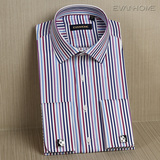 艾梵之家春季纯棉法式衬衫男长袖 商务正装蓝紫白色竖条纹衬衣潮