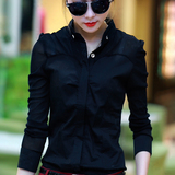 2015秋装新款衬衫女装韩版立领修身中长款雪纺长袖拼接女士衬衣潮