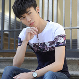 夏季短袖T恤男士纯棉修身拼接体恤青少年简约V领韩版弹力潮流男装