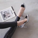 韩国代购2016新款女鞋性感金属银色个性大方扣尖头单鞋细跟高跟鞋