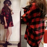 欧美长袖衬衣韩版中长款红黑格子衬衫女款宽松显瘦休闲夏季薄外套