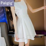 Palglg2016夏季新款女装韩版修身气质简约无袖镂空蕾丝拼接连衣裙